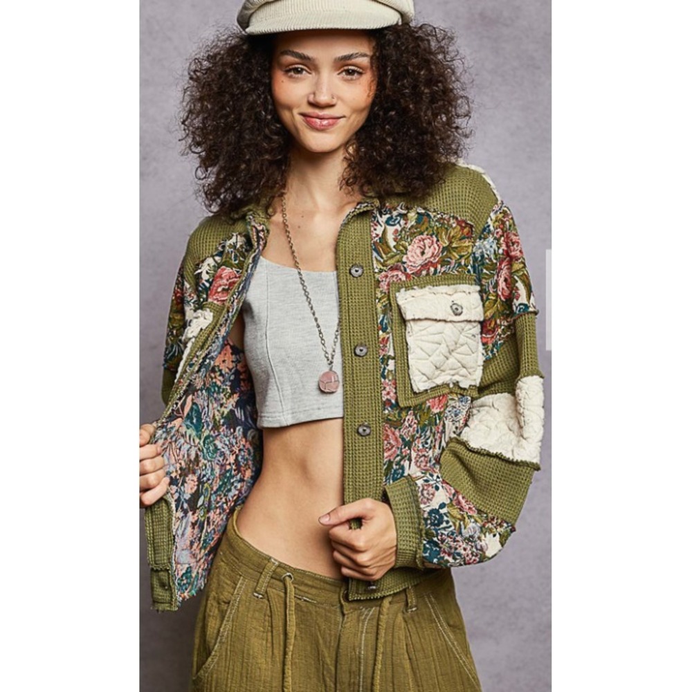 POL Olive Floral Jean Jacket